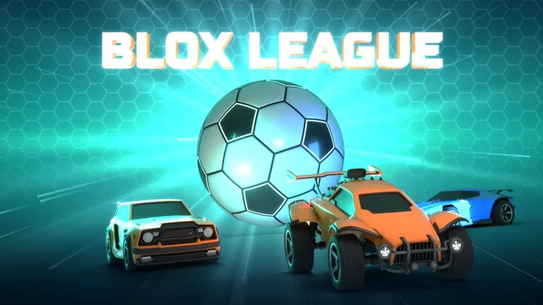 Blox League official artwork: three cars face a metallic ball in a cyan arena